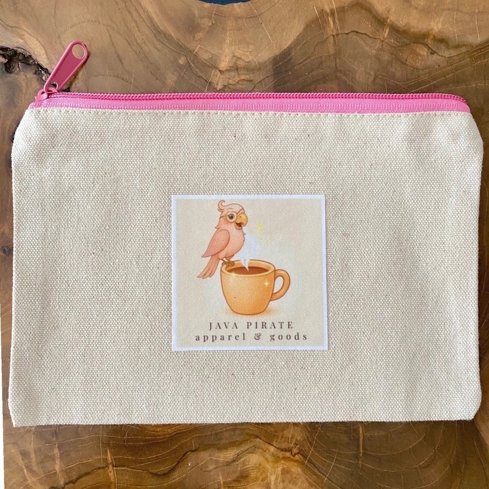 Java Pirate Signature Natural Canvas Pouch Pink Zip 9"x6"